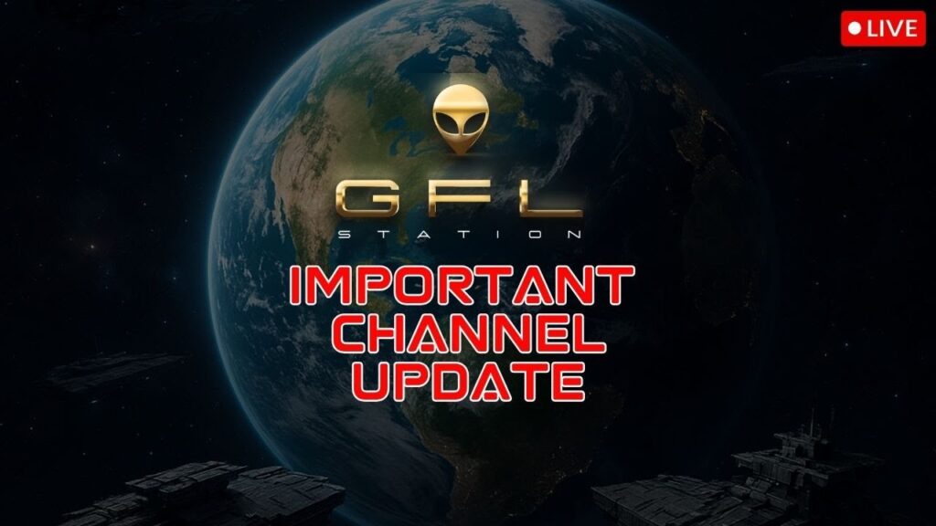 Gráfico GFL Station com a mensagem "Atualização Importante do Canal", mostrando o logotipo dourado GFL Station acima de um texto em vermelho em negrito sobre a Terra no espaço, com um indicador de transmissão ao vivo no canto e naves espaciais escuras em primeiro plano, representando a atualização de David sobre GFL Station, a desmonetização do YouTube, o Patreon e onde encontrar as transmissões da Federação Galáctica da Luz atualmente.