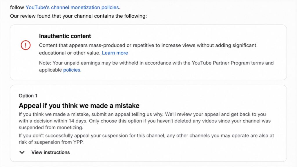 Captura de tela mostrando o aviso de monetização do Programa de Parcerias do YouTube para GFL Station, com o YouTube afirmando que o canal foi removido por "Conteúdo inautêntico", descrito como conteúdo produzido em massa ou repetitivo. A imagem complementa uma atualização "O que aconteceu com a GFL Station?", explicando a desmonetização do canal no YouTube e a transição para o Patreon para futuras transmissões de conteúdo mais longo.