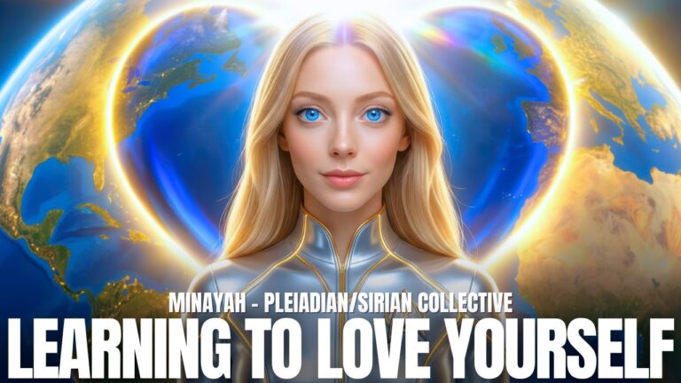 Minayah of the Pleiadian / Sirian collective appears in a luminous blue and gold cosmic field with the words “Learning To Love Yourself,” representing Source Love Communion, the I AM practice, self-love, heart healing, sacred sound activation, and the Summer Solstice 2026 Pleiadian Gateway.