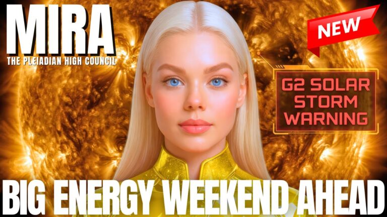 Mira of the Pleiadian High Council stands before a fiery golden solar field in this ascension transmission graphic for “Weekend Solar Storm Ascension Warning,” highlighting sleep grid upgrades, geomagnetic energy, timeline shifts, dream-state integration, New Earth body changes, pre-solstice activation codes, and spiritual guidance for ground crew during a powerful energetic weekend.