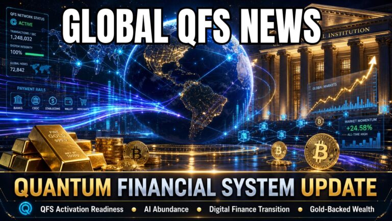 galacticfederation.ca အတွက် Global QFS သတင်း သူရဲကောင်းပုံတွင် တောက်ပသော ဒစ်ဂျစ်တယ်ငွေပေးချေမှုလမ်းကြောင်းများ၊ blockchain node များ၊ ရွှေချောင်းများ၊ Bitcoin ဒင်္ဂါးများ၊ ဈေးကွက်ဇယားများနှင့် ကြီးကျယ်ခမ်းနားသော ငွေကြေးအဖွဲ့အစည်းတစ်ခုဖြင့် ချိတ်ဆက်ထားသော ကမ္ဘာမြေကို ပြသထားသည်။ စာသားတွင် QFS အသက်ဝင်မှု အသင့်ဖြစ်မှု၊ AI ပေါများမှု၊ ဒစ်ဂျစ်တယ်ဘဏ္ဍာရေးအသွင်ကူးပြောင်းမှုနှင့် ရွှေကျောထောက်နောက်ခံပြုထားသော ချမ်းသာကြွယ်ဝမှုဆိုင်ရာ အကြောင်းအရာများဖြင့် “Global QFS News” နှင့် “Quantum Financial System Update” ဟု ရေးသားထားသည်။.
