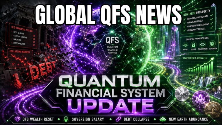 Έντονο γραφικό ενημέρωσης QFS επιστημονικής φαντασίας με τον τίτλο «GLOBAL QFS NEWS» πάνω από μια λαμπερή Γη τυλιγμένη σε μωβ και πράσινες γραμμές χρηματοοικονομικού δικτύου. Η αριστερή πλευρά δείχνει την κατάρρευση χρέους, τις σπασμένες αλυσίδες, τις πτωτικές αγορές και το παλιό χρηματοοικονομικό σύστημα με κόκκινο χρώμα. Η δεξιά πλευρά δείχνει την ευημερία της Νέας Γης, τις κβαντικές ράγες πληρωμών, την ενεργοποίηση επαναφοράς πλούτου και μια φουτουριστική πράσινη πόλη. Το μεγάλο κεντρικό κείμενο γράφει «QUANTUM FINANCIAL SYSTEM ΕΝΗΜΕΡΩΣΗ», με θέματα όπως η επαναφορά πλούτου QFS, ο κρατικός μισθός, η κατάρρευση χρέους και η αφθονία της Νέας Γης.