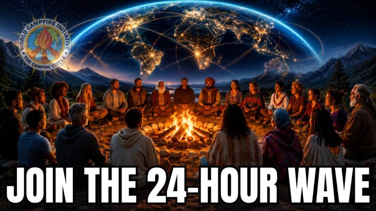 Campfire Circle: першая ў свеце 24-гадзінная глабальная масавая медытацыя «Коцістая хваля» 3 | Галактычная федэрацыя святла | « Campfire Circle Ультрападрабязная кінематаграфічная графіка, якая паказвае разнастайнае кола людзей, сабраных вакол палаючага вогнішча пад велізарнай асветленай Зямлёй, злучанай зіхатлівымі залатымі энергетычнымі лініямі праз кантыненты. Сцэна ўяўляе сабой сусветны рух медытацыі «24-гадзінная хваля», які аб'ядноўвае чалавецтва на розных нацыях, культурах і ў розных гадзінных паясах. Горы і зорнае касмічнае неба акружаюць людзей, а ўнізе выдзелены тлусты белы тэкст «ДАЛУЧАЙЦЕСЯ ДА 24-ГАДЗІННАЙ ХВАЛІ». У левым верхнім куце размешчаны лагатып World Campfire Initiative » і « Campfire Circle », які сімвалізуе глабальнае адзінства, свядомасць, медытацыю, мір і планетарную сувязь.