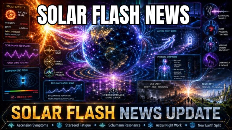 મે 2026 ના અંતમાં સોલાર ફ્લેશ ન્યૂઝ અપડેટ: તારાઓના બીજનો થાક, ભૂ-ચુંબકીય દબાણ, અપાર્થિવ રાત્રિ કાર્ય અને પૃથ્વીનું નવું વિભાજન તીવ્ર બનતાં એસેન્શનના લક્ષણોમાં વધારો 7 | ગેલેક્ટીક ફેડરેશન ઓફ લાઇટ | Campfire Circle સોલાર ફ્લેશ ન્યૂઝ અપડેટ ગ્રાફિકમાં પૃથ્વીને તીવ્ર સૌર જ્વાળા પ્રવૃત્તિ, ભૂ-ચુંબકીય ક્ષેત્ર રેખાઓ, શુમેન રેઝોનન્સ ગ્રાફ, ઉર્જા લહેરો અને એસેન્શન લક્ષણ પેનલ્સથી ઘેરાયેલી દર્શાવવામાં આવી છે. આ છબી મે મહિનાના અંતમાં સૌર ફ્લેશ થીમ્સને હાઇલાઇટ કરે છે જેમાં સ્ટારસીડ થાક, ઊંઘમાં વિક્ષેપ, અપાર્થિવ રાત્રિ કાર્ય, કાનમાં રિંગિંગ, છાતીનું દબાણ, નર્વસ સિસ્ટમ સંવેદનશીલતા, ઇથેરિક સ્કેફોલ્ડિંગ, અનુકૂલન તરંગ અને જૂની પૃથ્વીની ઘનતા અને નવી પૃથ્વીની હાજરી વચ્ચે નવી પૃથ્વીનું વિભાજન શામેલ છે.
