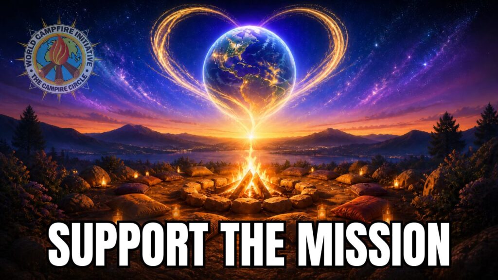 A campanha "Apoie a Missão" para o GalacticFederation.ca e o Campfire Circlemostra uma fogueira brilhante sob a Terra, rastros de luz dourados em forma de coração, um pôr do sol cósmico nas montanhas, almofadas de meditação, lanternas e o logotipo World Campfire Initiative . Em negrito, lê-se "Apoie a Missão", convidando os leitores a ajudar a manter as transmissões, traduções, meditações e o arquivo vivo.