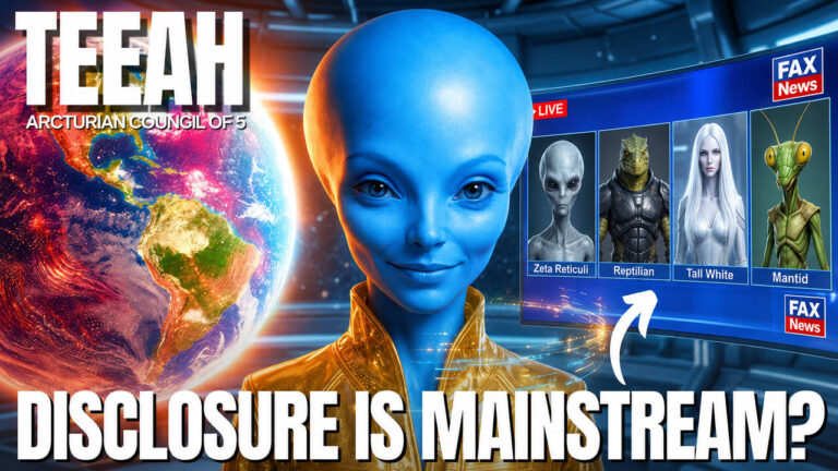 Nochtadh Iomlán Domhanda: Clúdach Fox News agus Teachtaireacht Phráinneach Starseed maidir le Gníomhachtú DNA, Dúiseacht, agus Rogha Amlíne — Tarchur T'EEAH 6 | Cónaidhm Réaltrach an tSolais | Campfire Circle Grafaic do tharchur T'eeah of Arcturus ina bhfuil figiúr eachtardhomhanda gorm le taobh scáileáin craolta nuachta i stíl Fox le scáthchruthanna speiceas eachtrannach, íomhánna UFO, agus téacs trom ag rá “An bhfuil Nochtadh Príomhshrutha?” Tacaíonn an íomhá go amhairc le post ar nochtadh iomlán, clúdach Fox News, faisnéis neamhdhaonna, múscailt síol réalta, gníomhachtú DNA, agus an rogha práinneach amlíne atá ag teacht chun cinn anois.