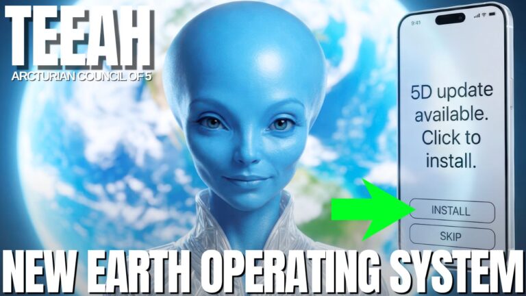صورة نظام تشغيل الأرض الجديدة T'eeah of Arcturus التي تتميز بكائن أركتوري أزرق، وعين ثالثة متوهجة، ورمز تفعيل الهاتف الذكي، ونص غامق يقرأ "موت الأنا، العقل الإلهي، العقل الجسدي" و"نظام تشغيل الأرض الجديدة"، مما يمثل موت الأنا، وتفعيل العقل الإلهي، والعقل الجسدي، والصحوة الكبرى للبشرية، والتحول الروحي، والانتقال من برنامج المصفوفة ثلاثية الأبعاد القديم إلى وعي الأرض الجديدة.