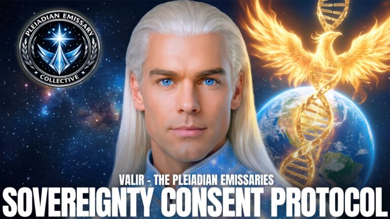 Valir of the Pleiadian Emissaries stands before Earth, golden wings of light, a glowing UFO emblem, and the words Sovereignty Consent Protocol, representing seven levels of Spiritual Awakening, inner authority, sovereign embodiment, and New Earth self-governance.
