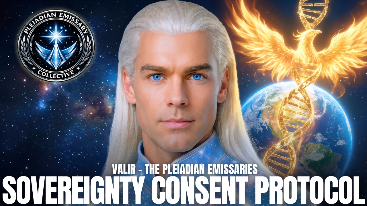 Valir dels Emissaris Pleiadians es troba davant la Terra, amb ales daurades de llum, un emblema OVNI brillant i les paraules Protocol de Consentiment de Sobirania, que representen set nivells de Despertar Espiritual, autoritat interior, encarnació sobirana i autogovern de la Nova Terra.