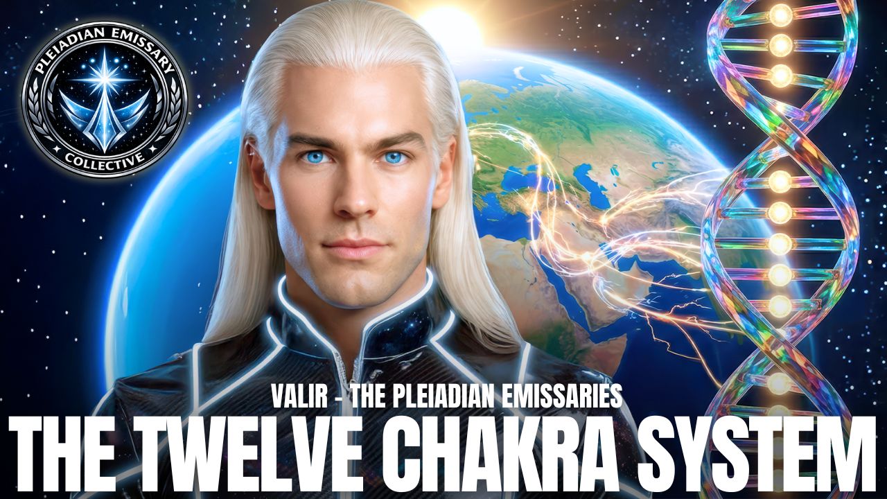 Uma poderosa imagem em formato 16:9, no estilo da Federação Galáctica, para uma publicação sobre a Ativação do DNA de 12 Fios, mostrando Valir, um emissário com aparência pleiadiana ao lado da Terra e uma hélice de DNA multidimensional brilhante. O gráfico destaca o sistema oculto de 12 chakras, os códigos de luz pleiadianos, o modelo do Sol Diamante, o despertar cósmico e o retorno do projeto humano original através da reativação dos chakras e do DNA.
