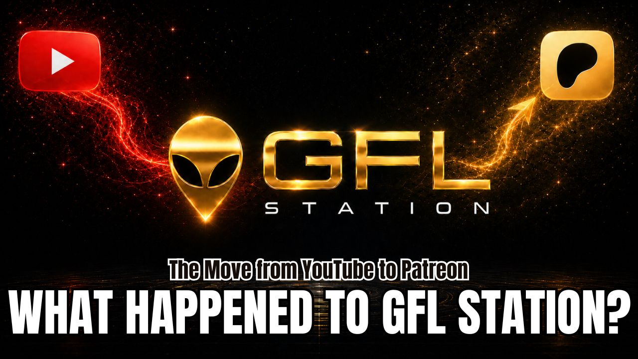 Uma transição gráfica cinematográfica GFL Station mostra o logotipo dourado GFL Station centralizado entre um ícone vermelho do YouTube à esquerda e um ícone dourado no estilo da plataforma Patreon à direita. Uma energia vermelha intensa flui do YouTube enquanto uma luz dourada se move em direção à nova plataforma, simbolizando a mudança da GFL Stationdo YouTube para o Patreon. Um campo estelar escuro, partículas brilhantes e um piso circular futurista criam uma atmosfera dramática de transmissão galáctica.