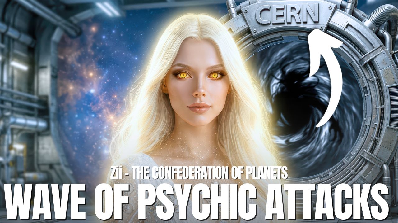 Uma luminosa mulher estelar loira, com olhos dourados brilhantes, está diante de um portal cósmico do CERN e um vórtice escuro giratório, representando o aviso de Zii, da Confederação dos Planetas, sobre ataques psíquicos, saudações negativas, guerra espiritual, interferência astral, portais dimensionais e por que andarilhos, trabalhadores da luz e sementes estelares estão sendo alvos agora.