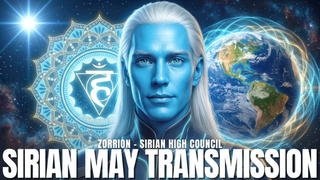 Gráfico da transmissão do Alto Conselho Siriano 16:9 mostrando um ser Siriano azul entre a Terra e um portal radiante em forma de leão, com luz cósmica, energia planetária e o texto em negrito "Transmissão Siriana de Maio", representando ciclos de pensamento, coerência cardíaca, poder do EU SOU, física do campo coletivo, colapso da gaiola de frequência e a transição para a consciência soberana.