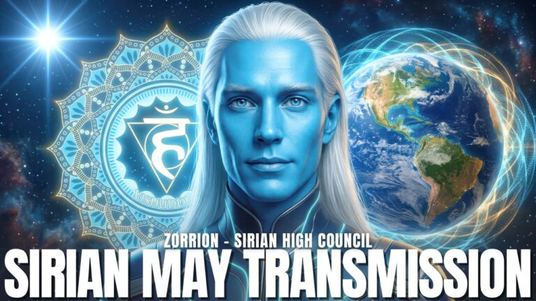 Gràfic de transmissió de l'Alt Consell de Sirià 16:9 que mostra un ésser sirià blau entre la Terra i un portal radiant semblant a un lleó, amb llum còsmica, energia planetària i text en negreta que diu "Transmissió de Maig de Sirià", que representa bucles de pensament, coherència del cor, poder JO SÓC, física del camp col·lectiu, col·lapse de la gàbia de freqüència i el canvi cap a la consciència sobirana.