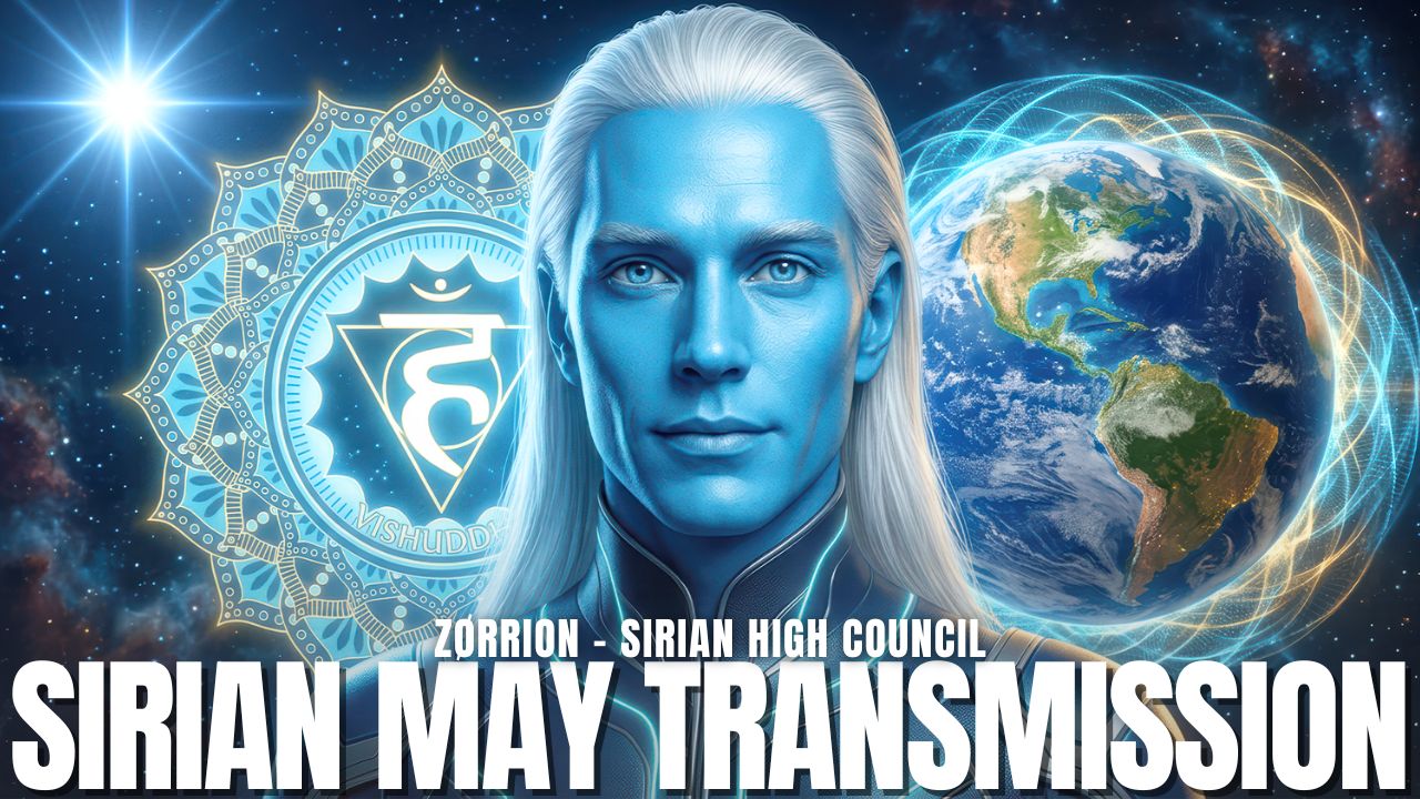 Gráfico da transmissão do Alto Conselho Siriano 16:9 mostrando um ser Siriano azul entre a Terra e um portal radiante em forma de leão, com luz cósmica, energia planetária e o texto em negrito "Transmissão Siriana de Maio", representando ciclos de pensamento, coerência cardíaca, poder do EU SOU, física do campo coletivo, colapso da gaiola de frequência e a transição para a consciência soberana.