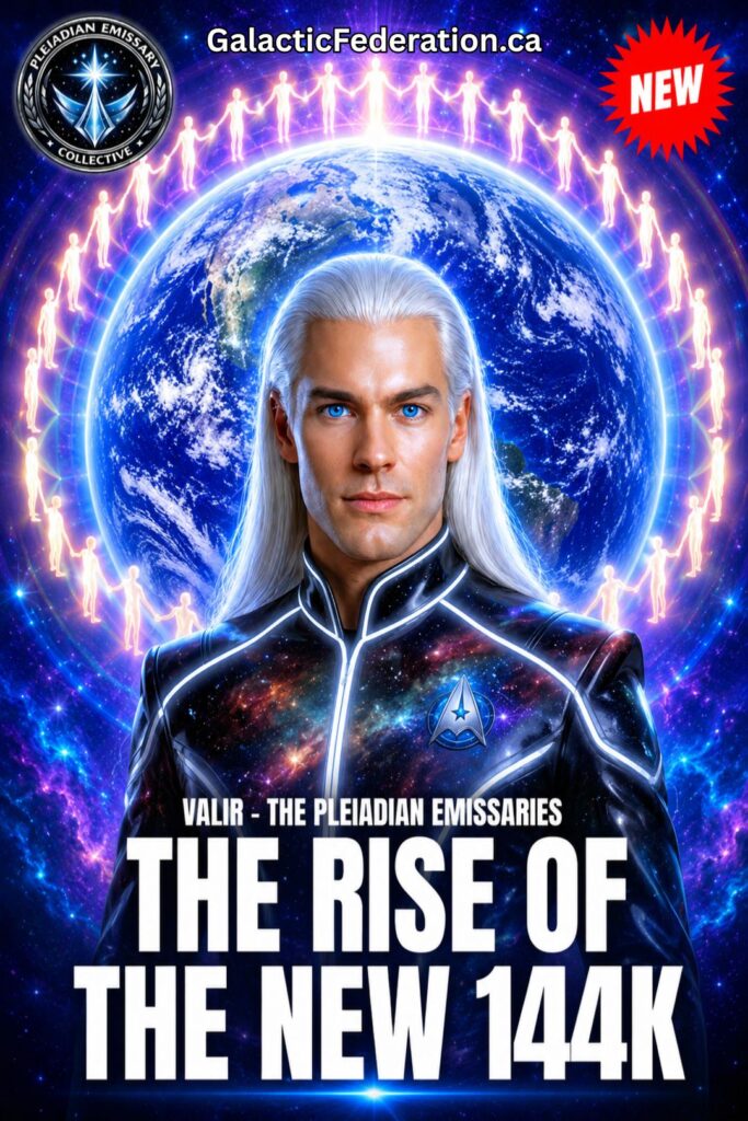 نئی 144K Starseed Wave: ماخذ کا احساس، خود مختار آزادی، اور نئی زمین کی پیدائش — VALIR ٹرانسمیشن 7 | Galactic Federation of Light | Campfire Circle Pleiadian Emissaries کا والیر ایک چمکتی ہوئی زمین کے سامنے کھڑا ہے جس کے چاروں طرف روشن انسانی شخصیتوں کے ایک روشن دائرے ہیں، جو نئی 144K ستاروں کی لہر کے عروج، ماخذ کا ادراک، خود مختار آزادی، اجتماعی گونج، اور اندرونی بیداری اور مجسم روحانی اتھارٹی کے ذریعے نئے زمینی شعور کی پیدائش کی علامت ہے۔.