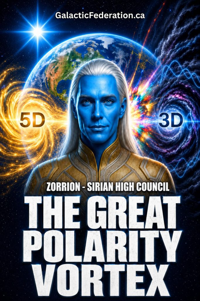 天狼星高级议会的佐里昂站在地球前，位于闪耀的 5D 和 3D 漩涡之间，象征着大极性漩涡、太阳风暴扬升能量、恐惧图像、喜悦代码、时间线选择以及人类有意识地倾向于新地球。.