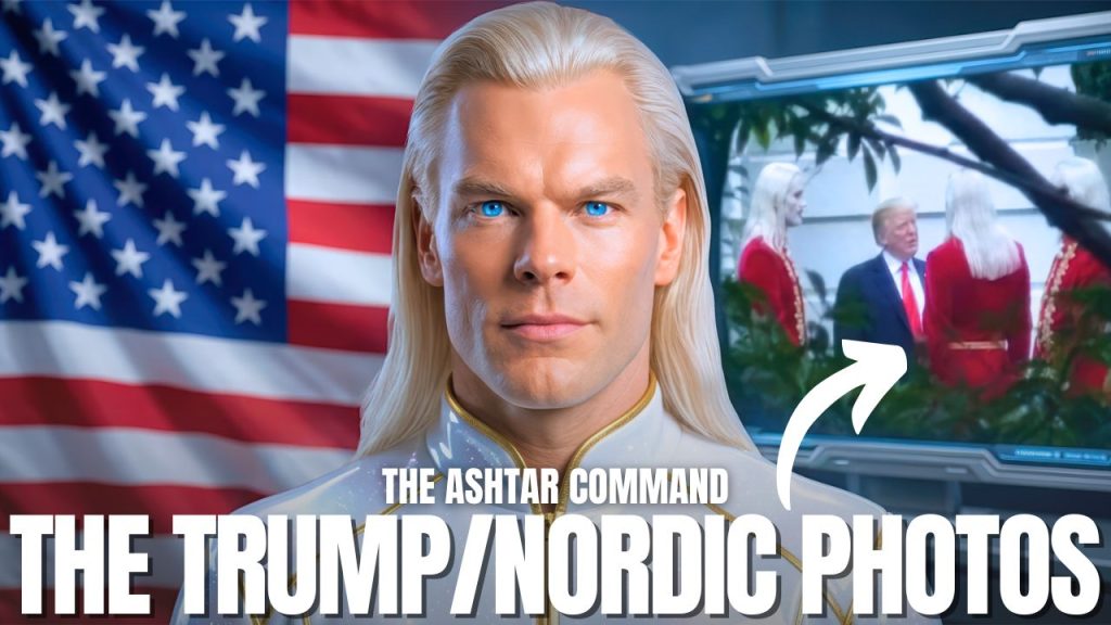 Graafika postitusele „Trump Nordic Photos”, mis kujutab blondi poliitikut USA lipu ees ja selle kõrval punastes rüüdes põhjamaise välimusega külastajatest koosnevat pilti varjutatud õhusõidukis või kambris, raamides postitust tehisintellekti piltide, valeandmete, eristamisvõime, taevaspektaakli ja esimese kontakti kohta Ashtari väejuhatuse esindaja kaudu.