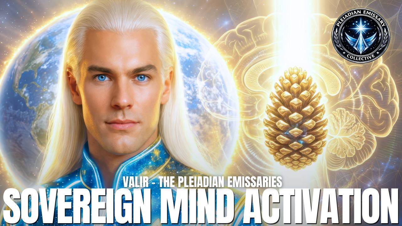 Digital spiritual disclosure graphic featuring Valir of the Pleiadian Emissaries, shown as a luminous blond Pleiadian guide in a blue uniform beside Earth, golden sacred geometry, and a glowing pinecone symbol. The bold text reads “Sovereign Mind Activation,” reflecting a post about unplugging from the matrix mind, awakening the sovereign mind during disclosure, escaping the cabal’s fear control system, and reconnecting with Source through inner authority, clear awareness, and spiritual self-governance.