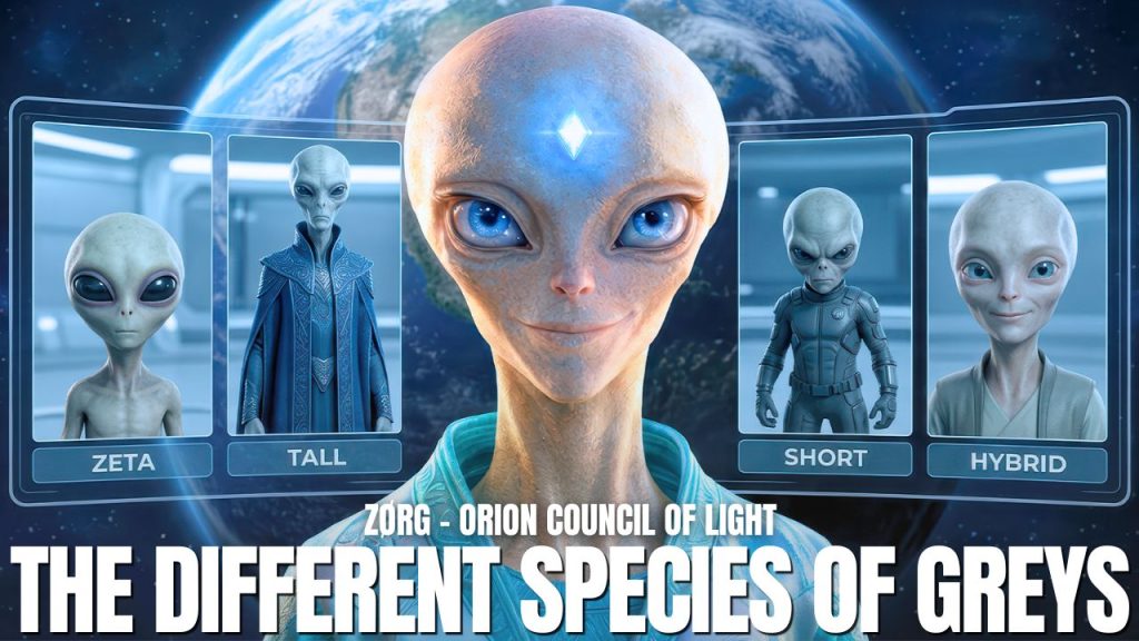 The Greys Are Not What You Think: Zeta Reticuli, Hybrid Children, Alien Contact, And The Secret Healing Behind Disclosure — ZØRG Transmission 2 | Galactic Federation of Light | The Campfire Circle Graphic showing a central Grey extraterrestrial figure with a large smooth head, dark almond-shaped eyes, and a calm blue-lit presence, standing before a futuristic display of multiple Grey species and humanoid alien forms. The bold text reads “The Different Species of Greys,” visually supporting the post “The Greys Are Not What You Think: Zeta Reticuli, Hybrid Children, Alien Contact, and the Secret Healing Behind Disclosure” by Zorg of the Orion Council of Light, exploring Grey alien origins, Zeta Reticuli lineages, Orion connections, hybrid children, disclosure, sovereignty, starseed memory, and the deeper spiritual healing behind humanity’s long relationship with the Greys.